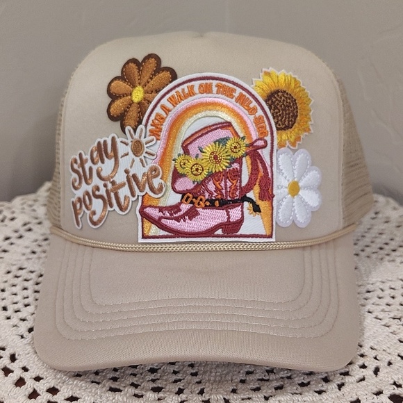 Trucker Hat Stay Positive Western Boot Patch Hat Sunflower Adjustable main image 2